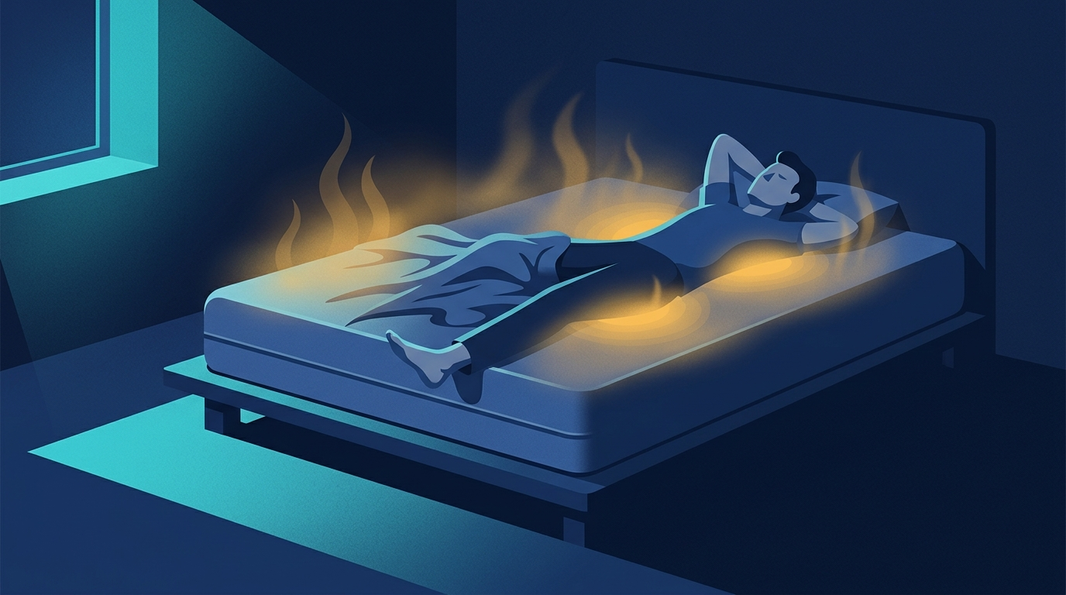 "Ilustración de una persona despierta a las 3 de la madrugada por el calor acumulado en su colchón de memory foam".
